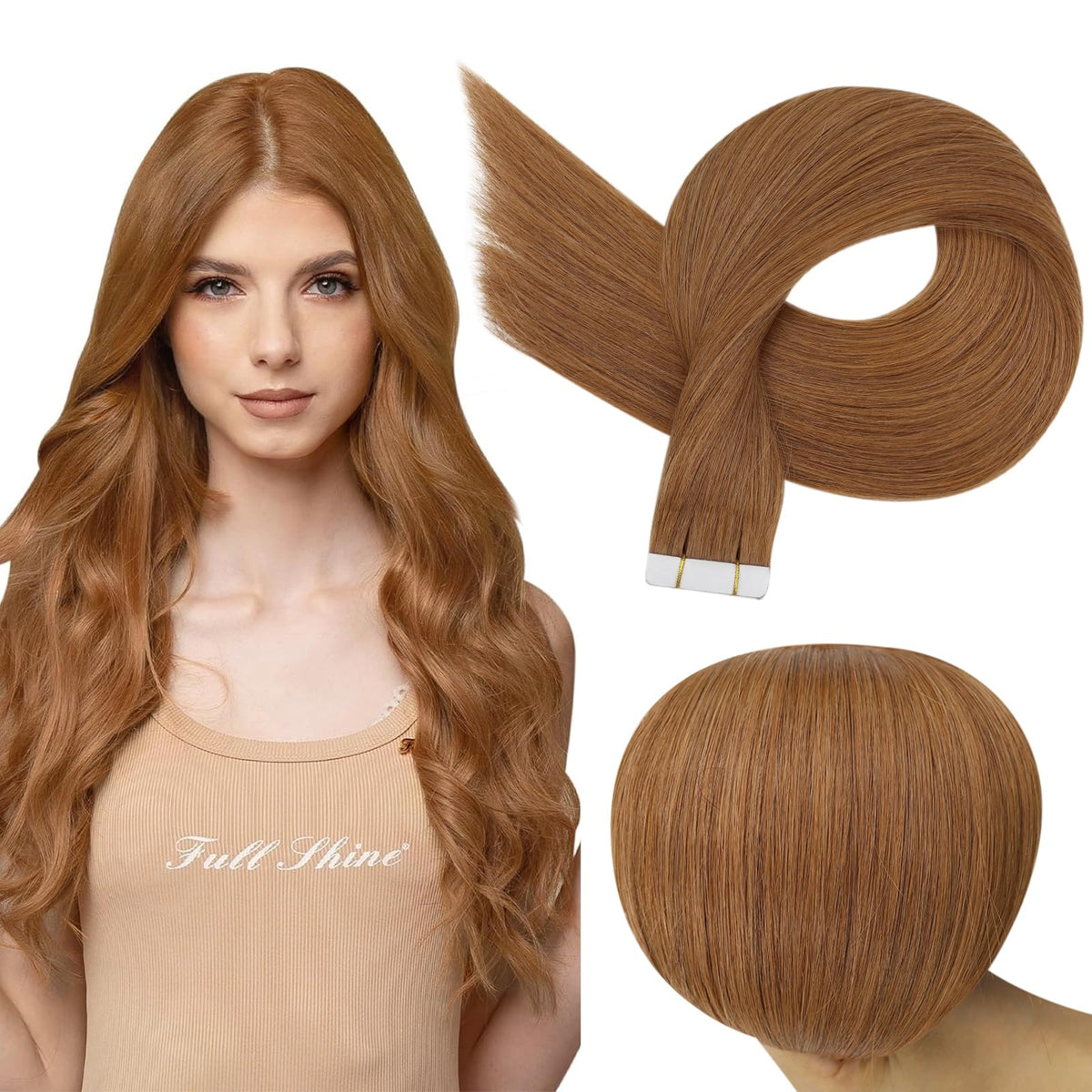 Full Shine Tape In Hair Extensions Ginger Copper 24 Inch front view