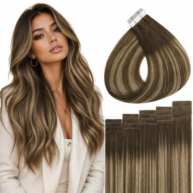 Full Shine Tape In Hair Extensions Honey Brown 18 Inch front view