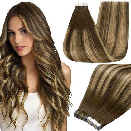 Full Shine Tape In Hair Extensions Honey Brown 24 Inch front view