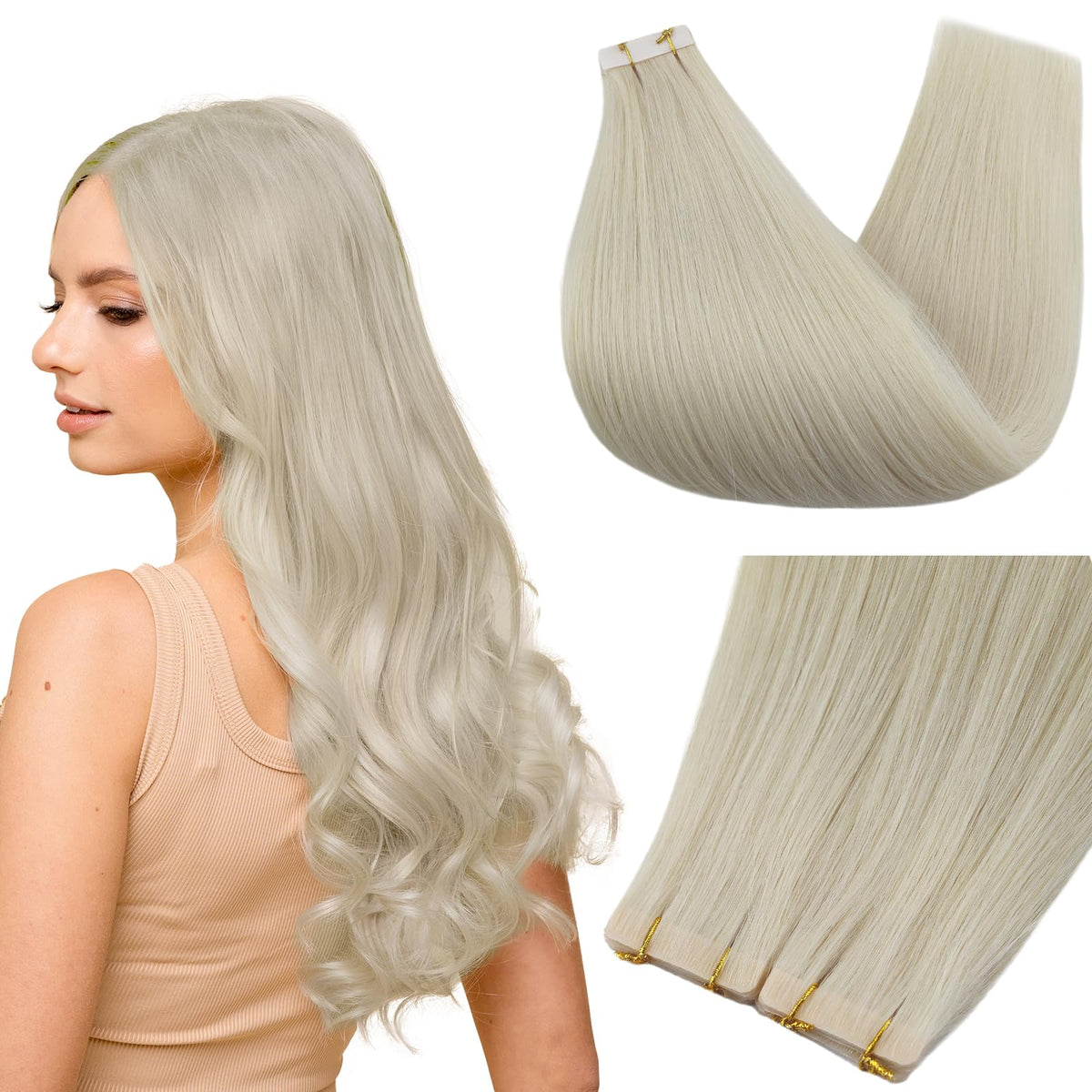 Full Shine Tape In Hair Extensions Ice Blonde 18 Inch front view