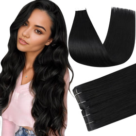 Full Shine Tape In Hair Extensions Jet Black 16 Inch front view