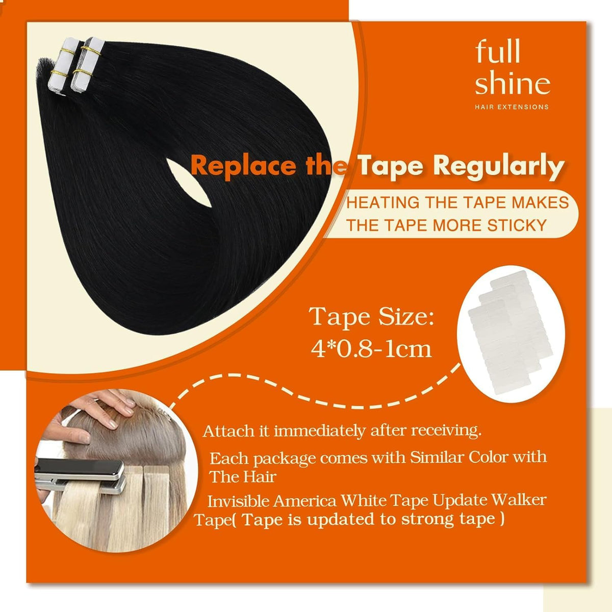 Full Shine Tape in Hair Extensions Jet Black 18 Inch close-up