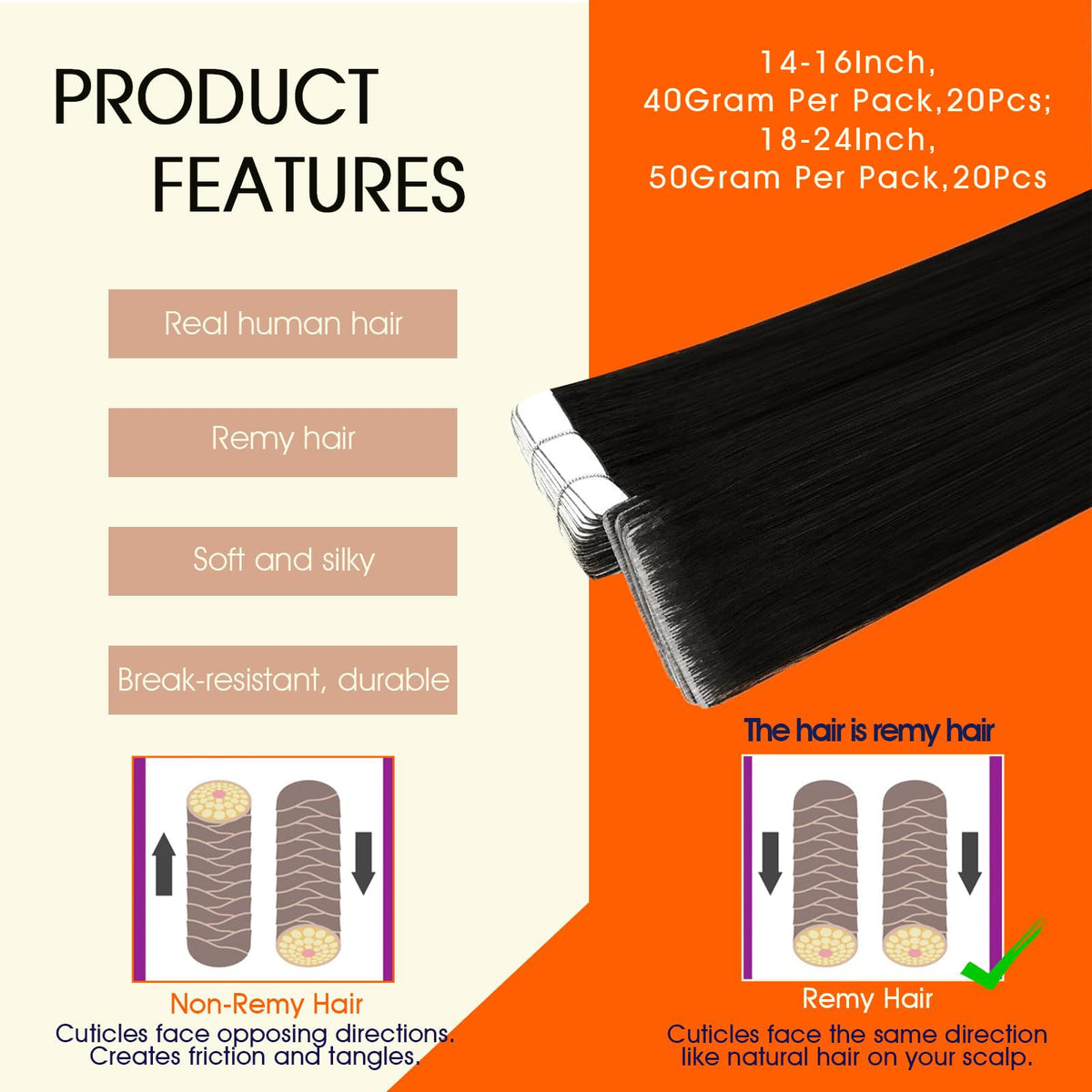 Full Shine Tape In Hair Extensions Jet Black 22 Inch packaging