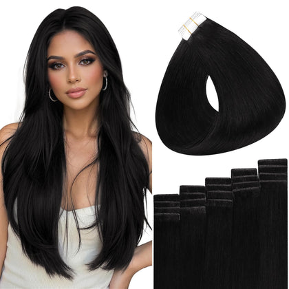 Full Shine Tape In Hair Extensions Jet Black 24 Inch front view