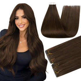 Full Shine Tape In Hair Extensions Medium Brown 18 Inch front view