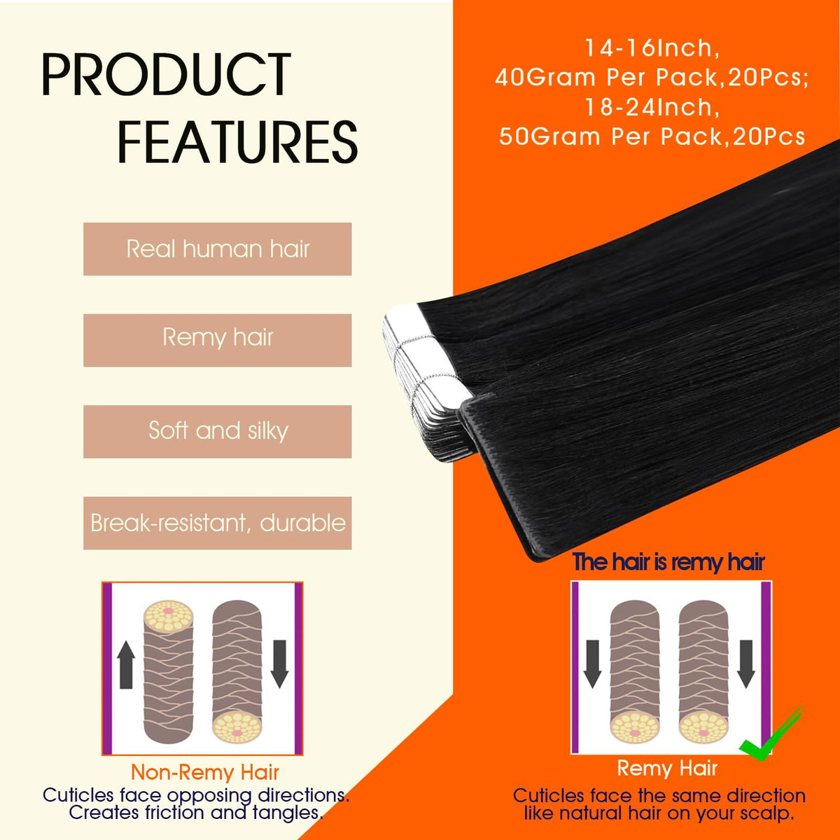 Full Shine Tape In Hair Extensions Off Black 18 Inch packaging