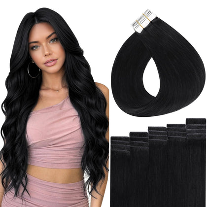 Full Shine Tape In Hair Extensions Off Black 20 Inch front view