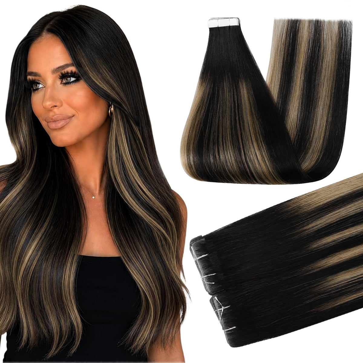 Full Shine Tape in Hair Extensions Off Black Caramel 20 Inch front view