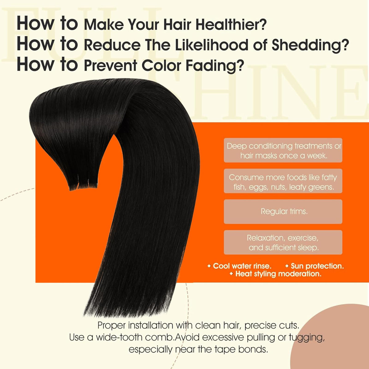 Full Shine Tape In Hair Extensions Off Black texture detail