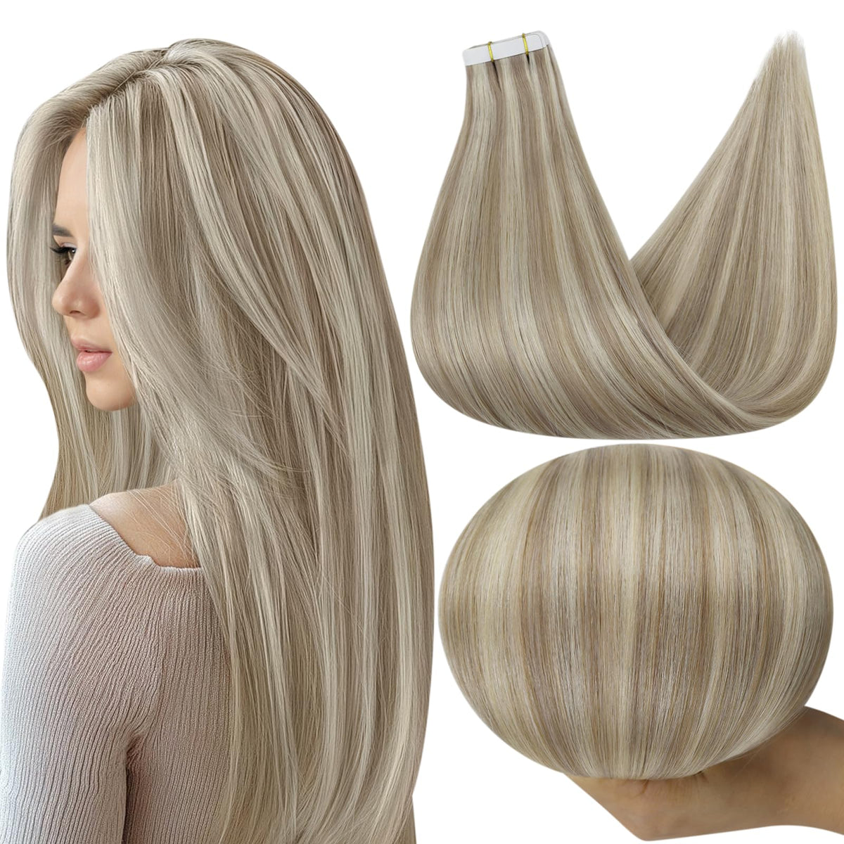 Full Shine Tape-In Human Hair Extensions 12 Inch Dirty Blonde Mix front view