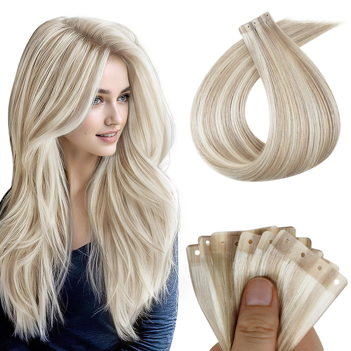 Full Shine Tape In Human Hair Extensions 20 Inch Dirty Blonde Mix front view