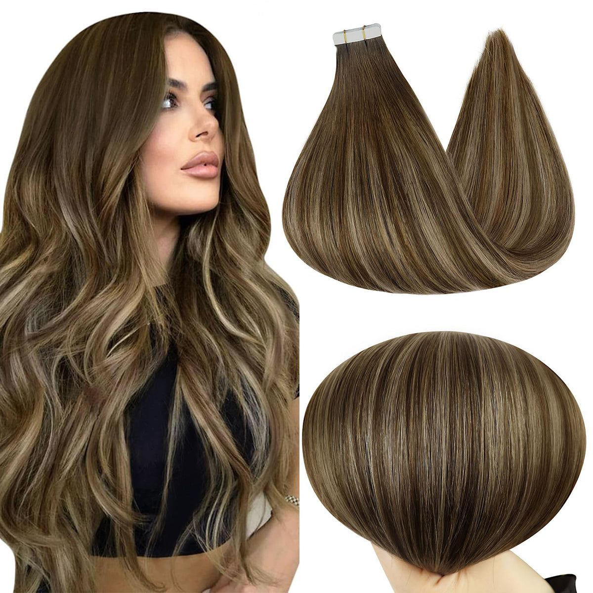 Full Shine Tape in Human Hair Extensions 22 Inch Medium Brown Honey Blonde front view