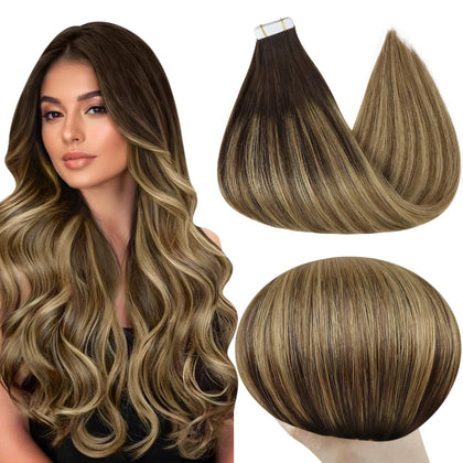 Full Shine Tape Ins Human Hair Extensions 12 Inch Dark Brown Honey Blonde front view