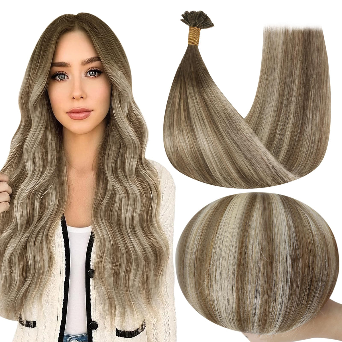 Full Shine U Tip Hair Extensions 20-inch balayage front view