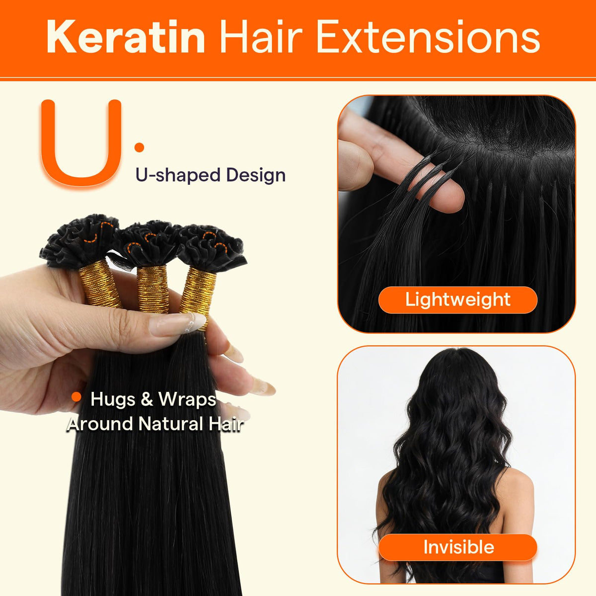 Full Shine U Tip Hair Extensions Jet Black close-up of keratin tip