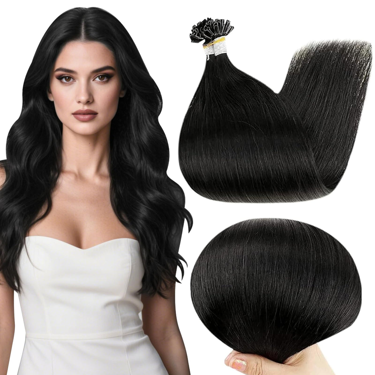 Full Shine U Tip Hair Extensions Jet Black front view