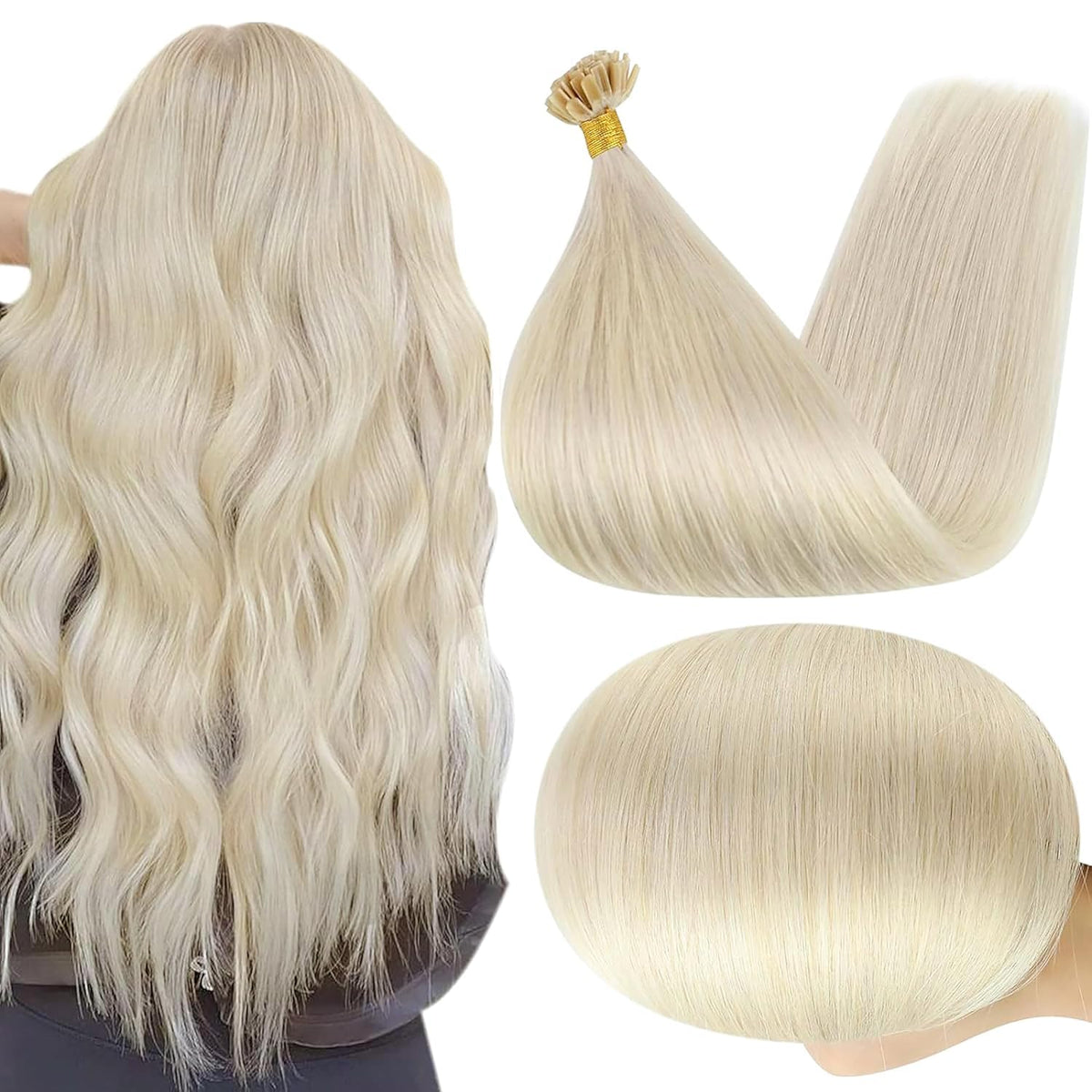 Full Shine U Tip Hair Extensions Platinum Blonde front view