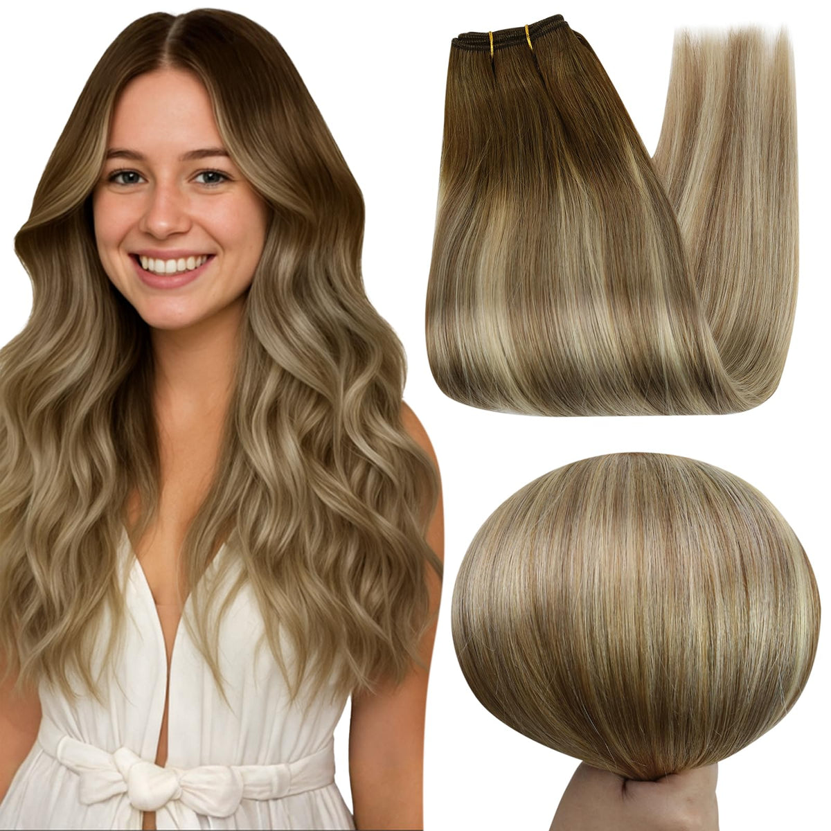 Full Shine Weft Extensions 22 Inch brown balayage front view