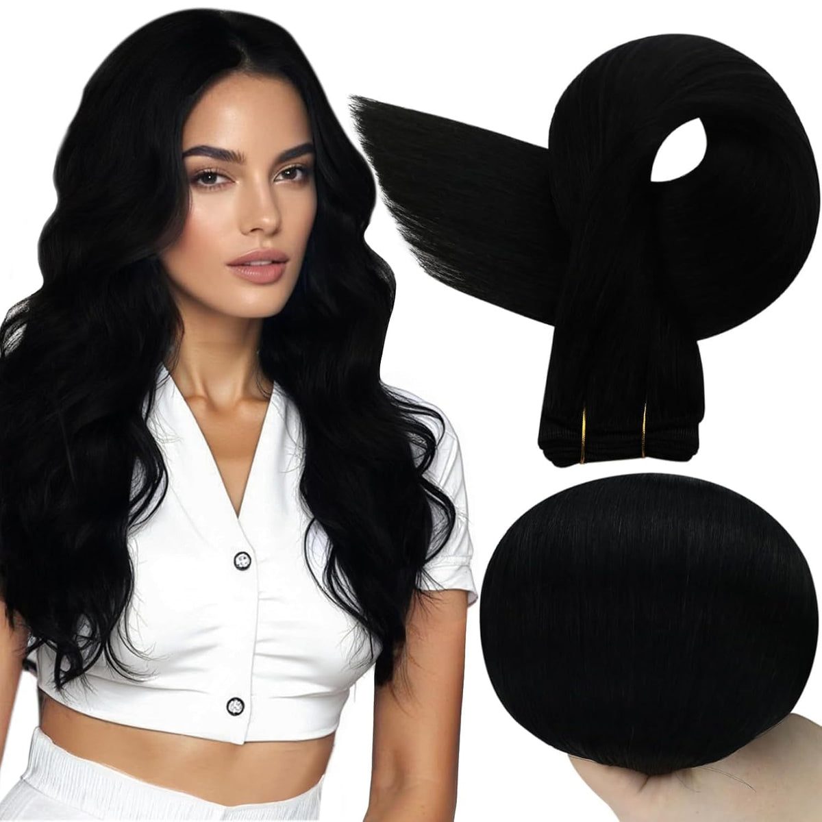Full Shine Weft Hair Extensions 18 Inch Jet Black front view