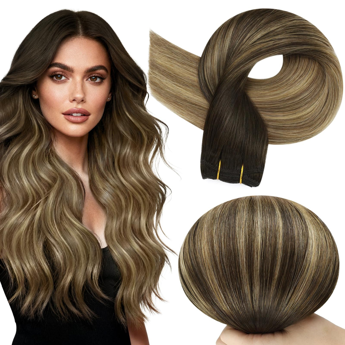 Full Shine Weft Hair Extensions 20 Inch Balayage Brown Honey Blonde front view