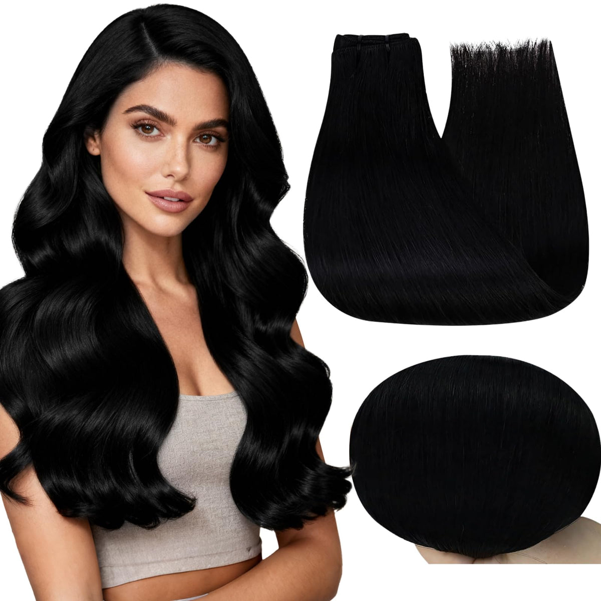 Full Shine Weft Hair Extensions 22 Inch Jet Black front view