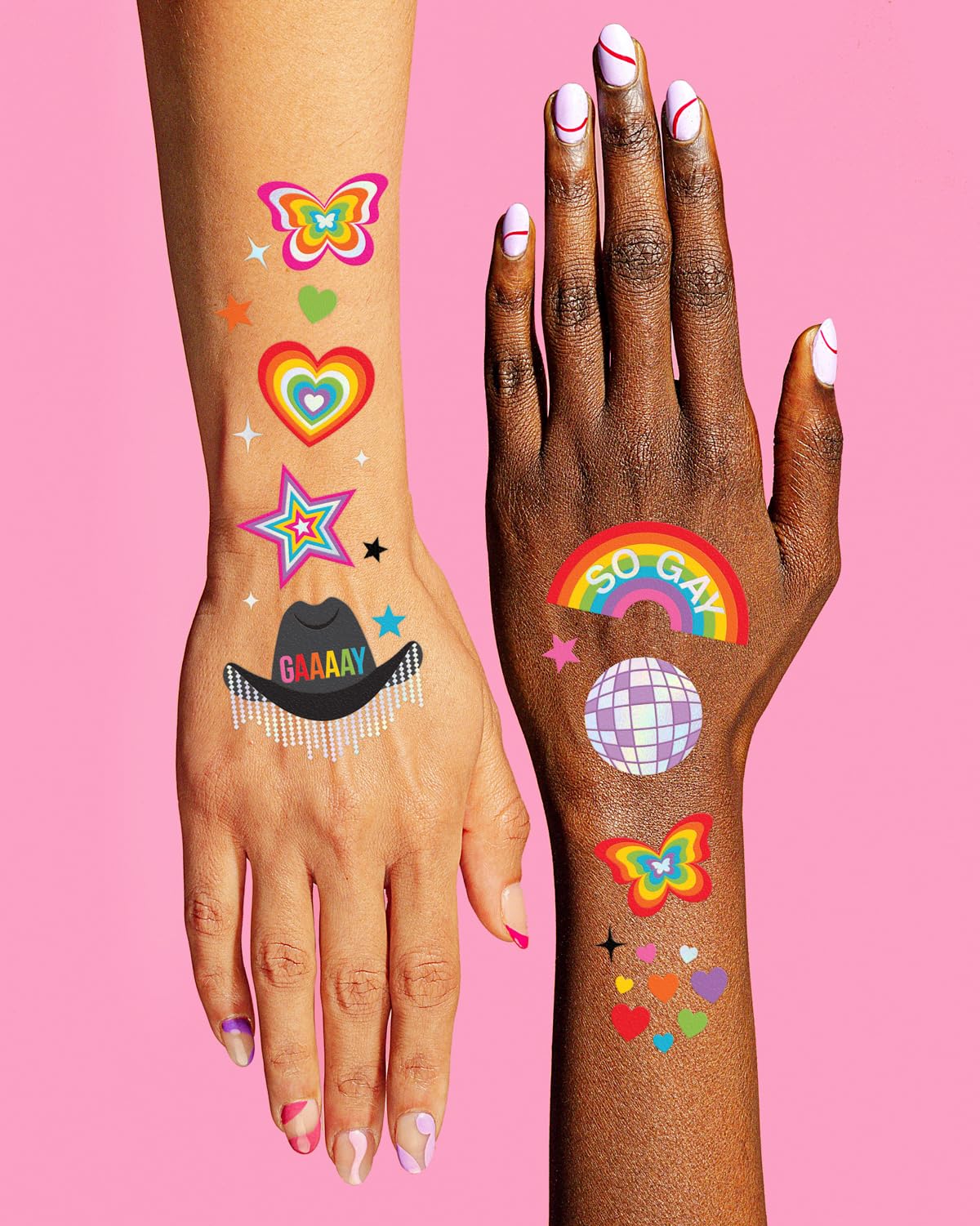 Fun phrases on xo, Fetti Pride Temporary Tattoos such as 'Gay Icon'