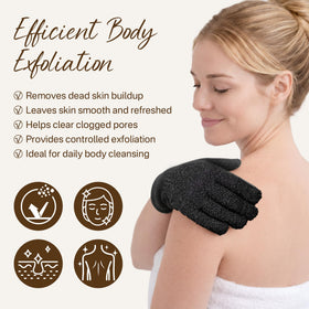 Fundrem exfoliating gloves displayed in a bathroom setting