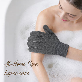 Fundrem exfoliating gloves in a family bathroom