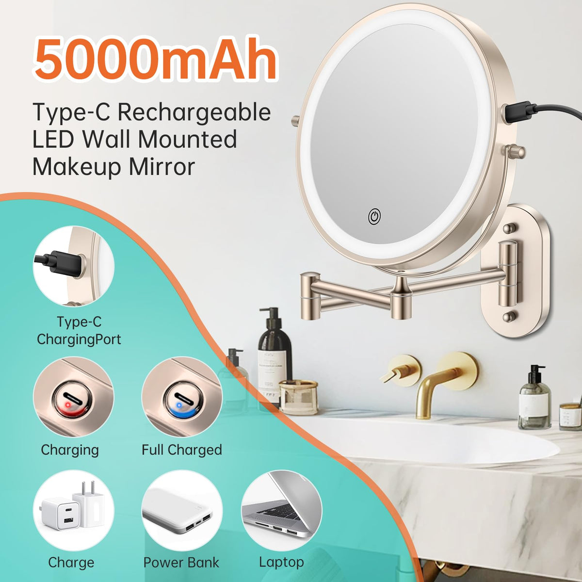 FUNTOUCH Lighted Makeup Mirror showing 1X and 30X sides