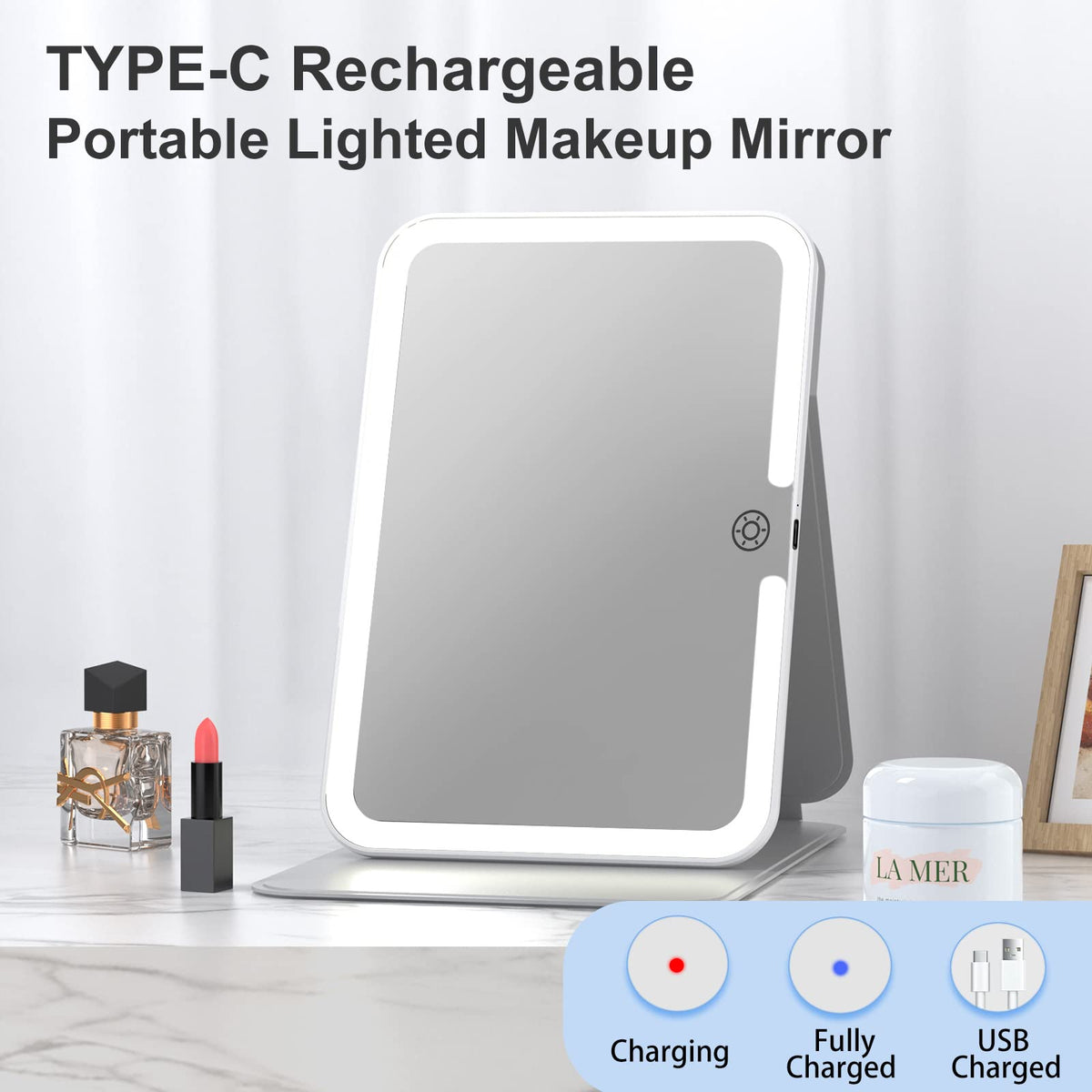 FUNTOUCH Lighted Makeup Mirror side view showing adjustable stand