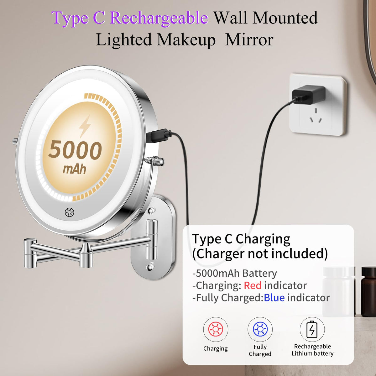 FUNTOUCH lighted makeup mirror side view with extendable arm