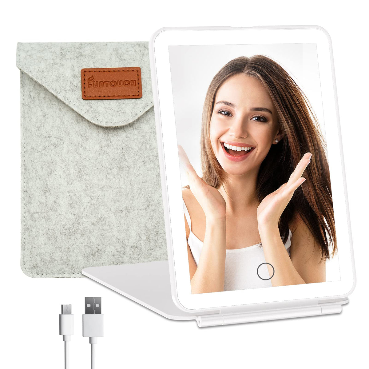 FUNTOUCH Rechargeable Travel Makeup Mirror front view with lights