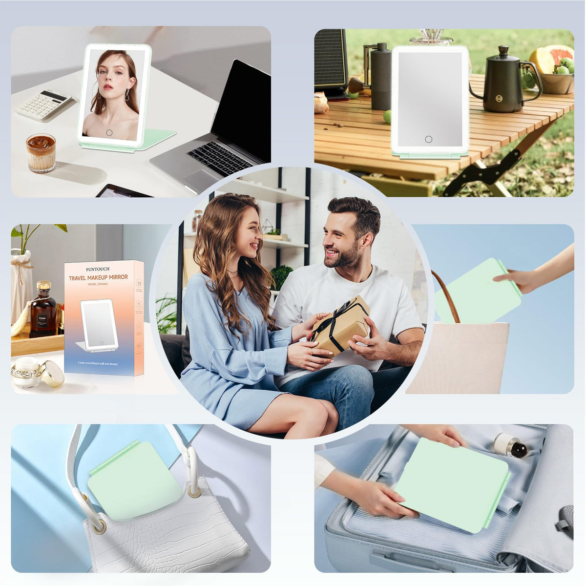 FUNTOUCH Travel Makeup Mirror showing bright LED lights in use