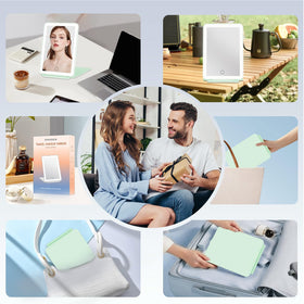 FUNTOUCH Travel Makeup Mirror showing bright LED lights in use