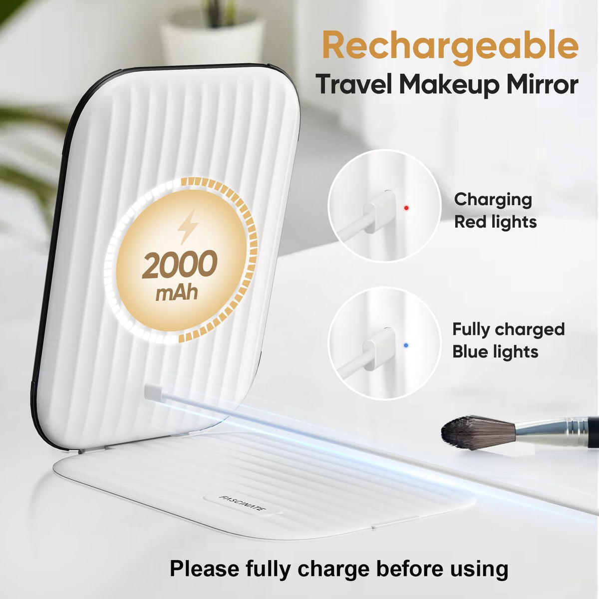 FUNTOUCH Travel Makeup Mirror showing touch screen and lighting