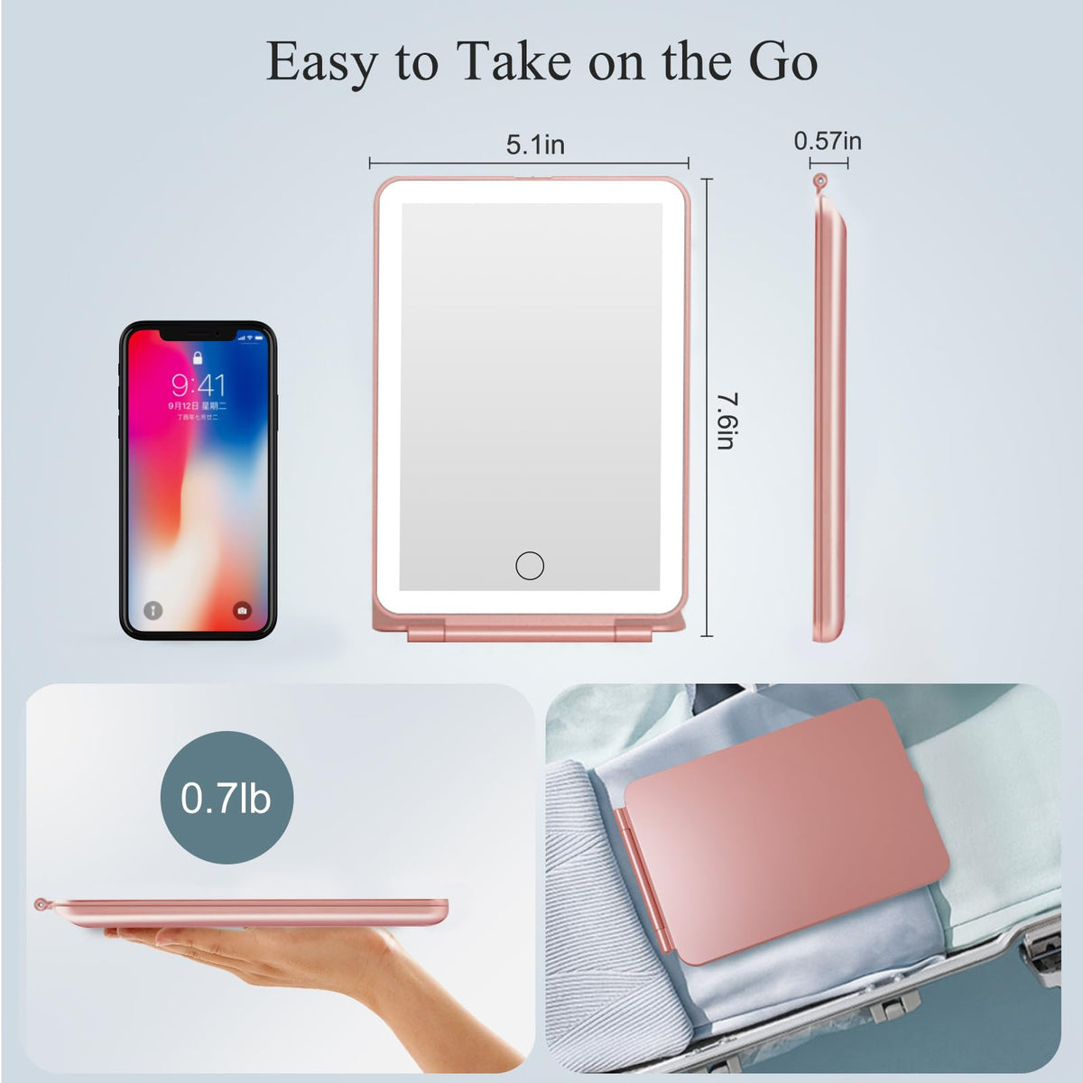 FUNTOUCH Travel Makeup Mirror showing USB charging port