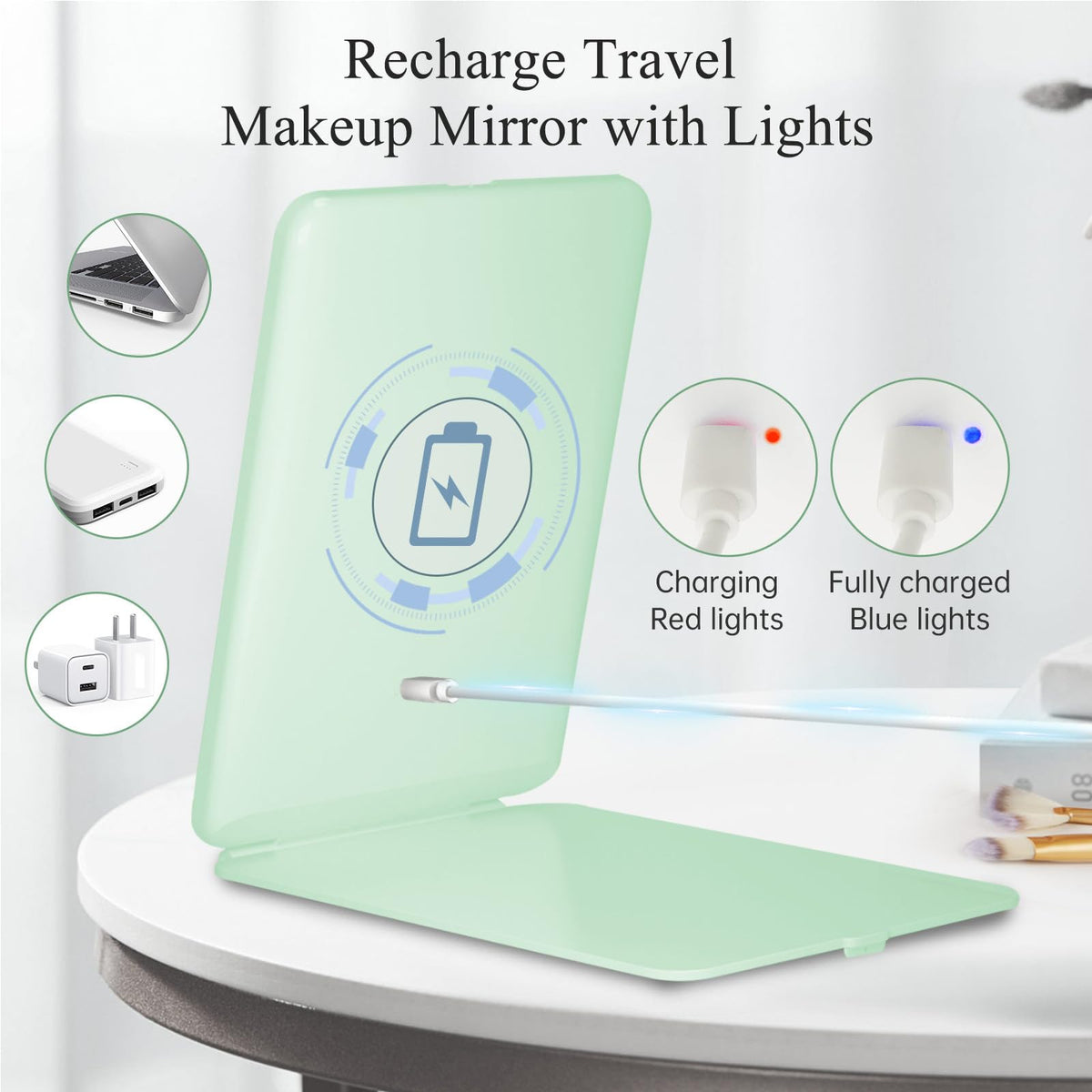 FUNTOUCH Travel Makeup Mirror with three light settings displayed