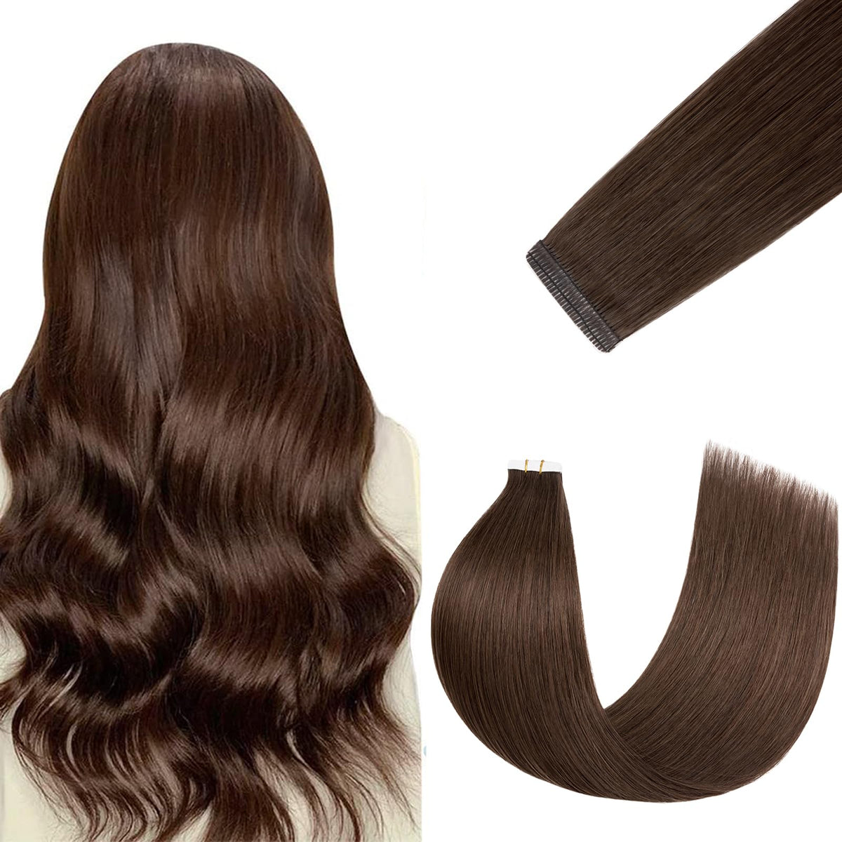 FUOTONBUTY Tape in Hair Extensions 20pcs 50g Medium Brown front view