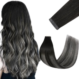 FUOTONBUTY Tape in Hair Extensions 20pcs Ombre Black to Ice Grey front view