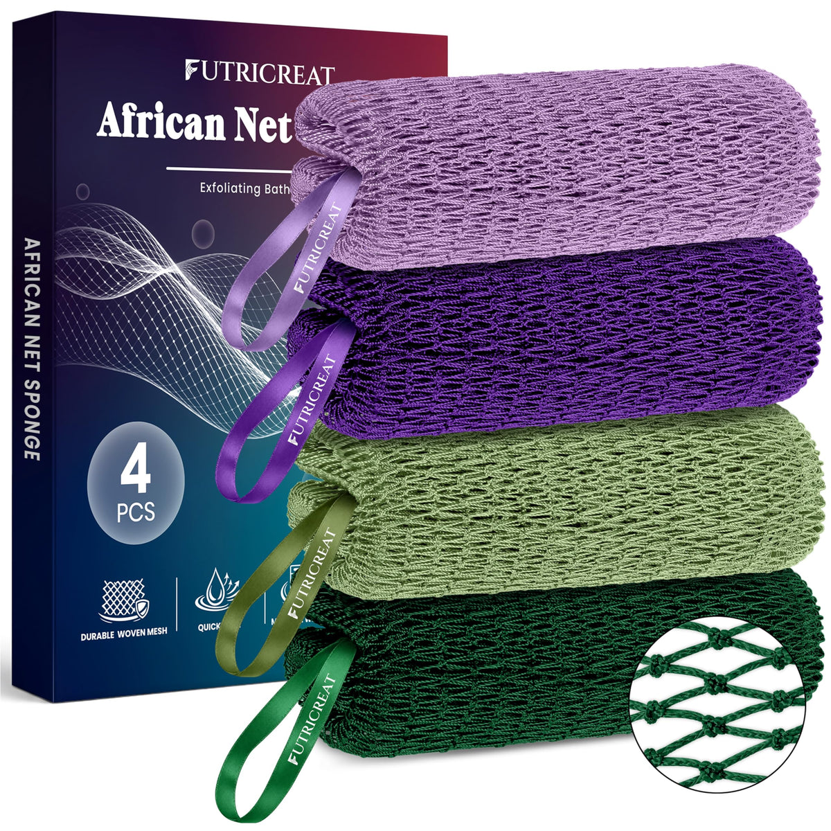 FUTRICREAT 4 Pack African Net Sponge in lavender, purple, sage green and forest green