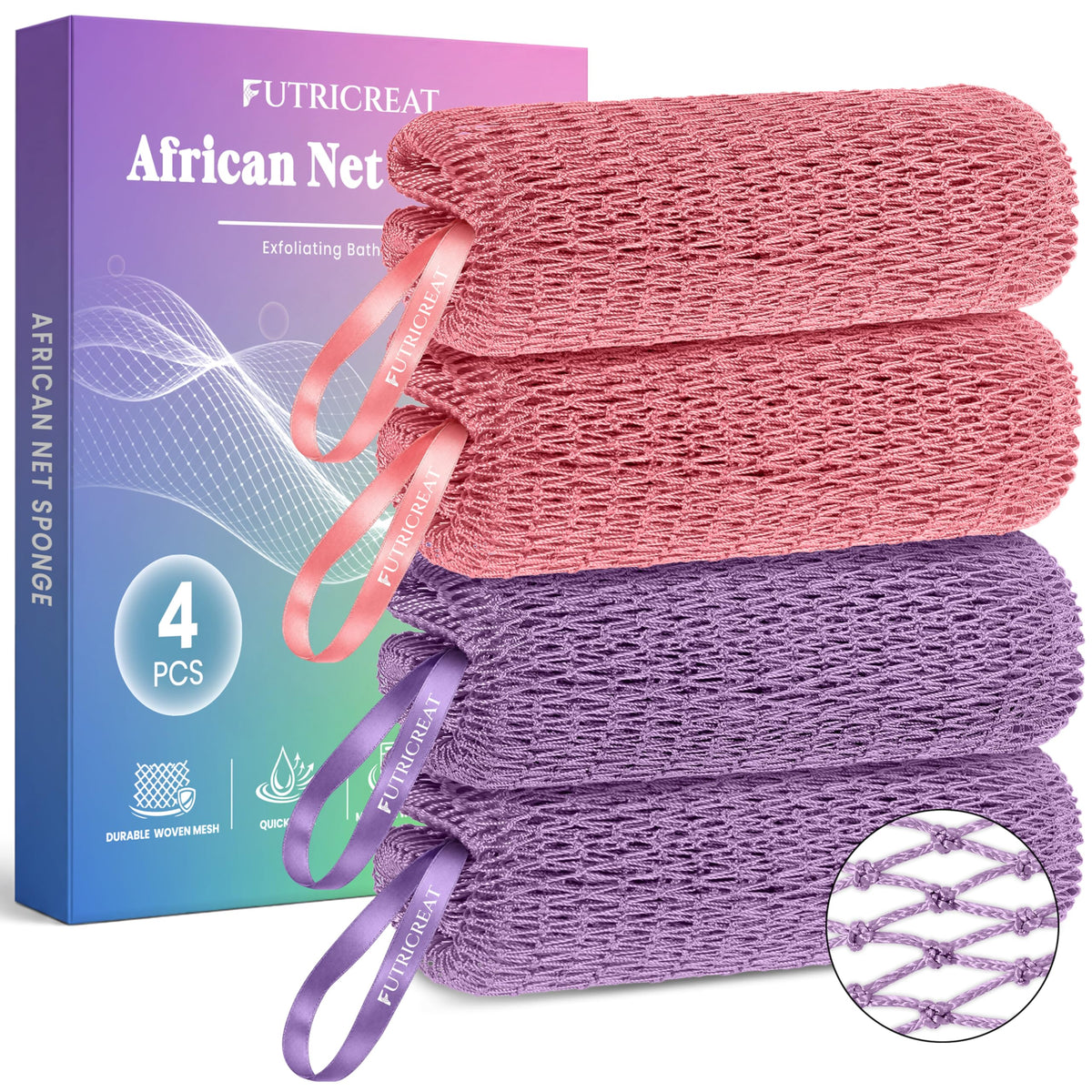 FUTRICREAT African Net Sponge 4 Pack in pink and purple colours