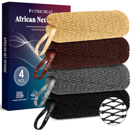 FUTRICREAT African Net Sponge 4 Pack in yellow, brown, gray, and black