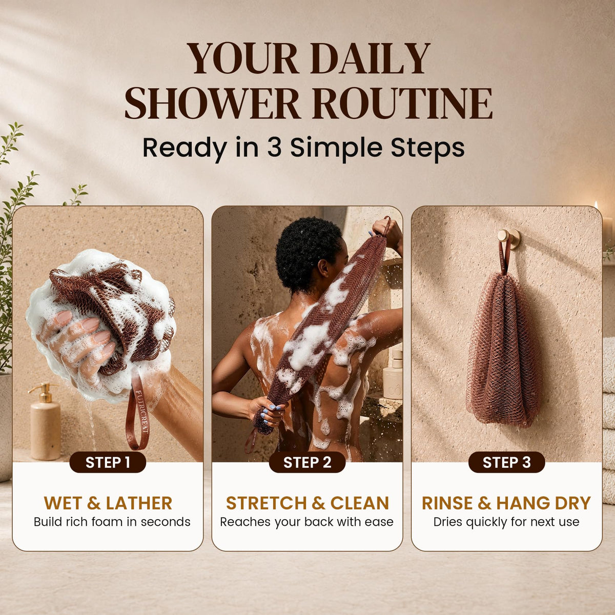 FUTRICREAT African Net Sponge displaying rich lather with body wash