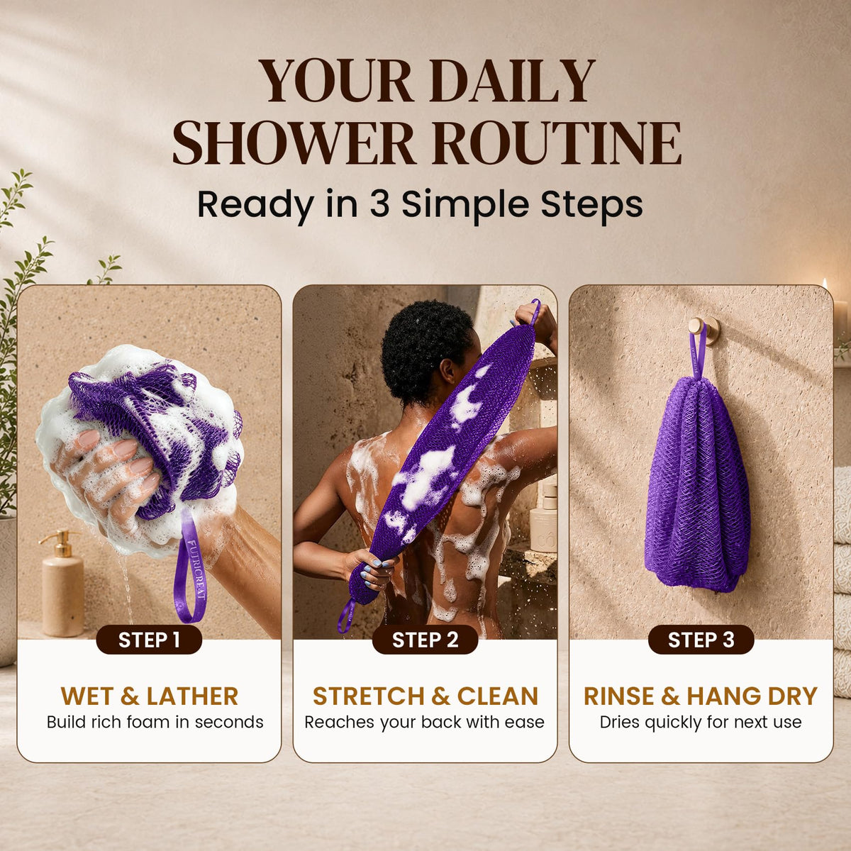 FUTRICREAT African Net Sponge displaying rich lather with body wash