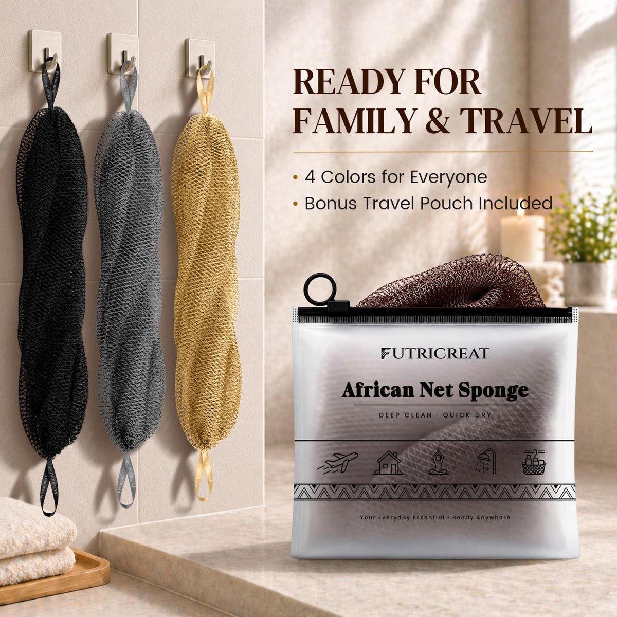 FUTRICREAT African Net Sponge in use during a shower