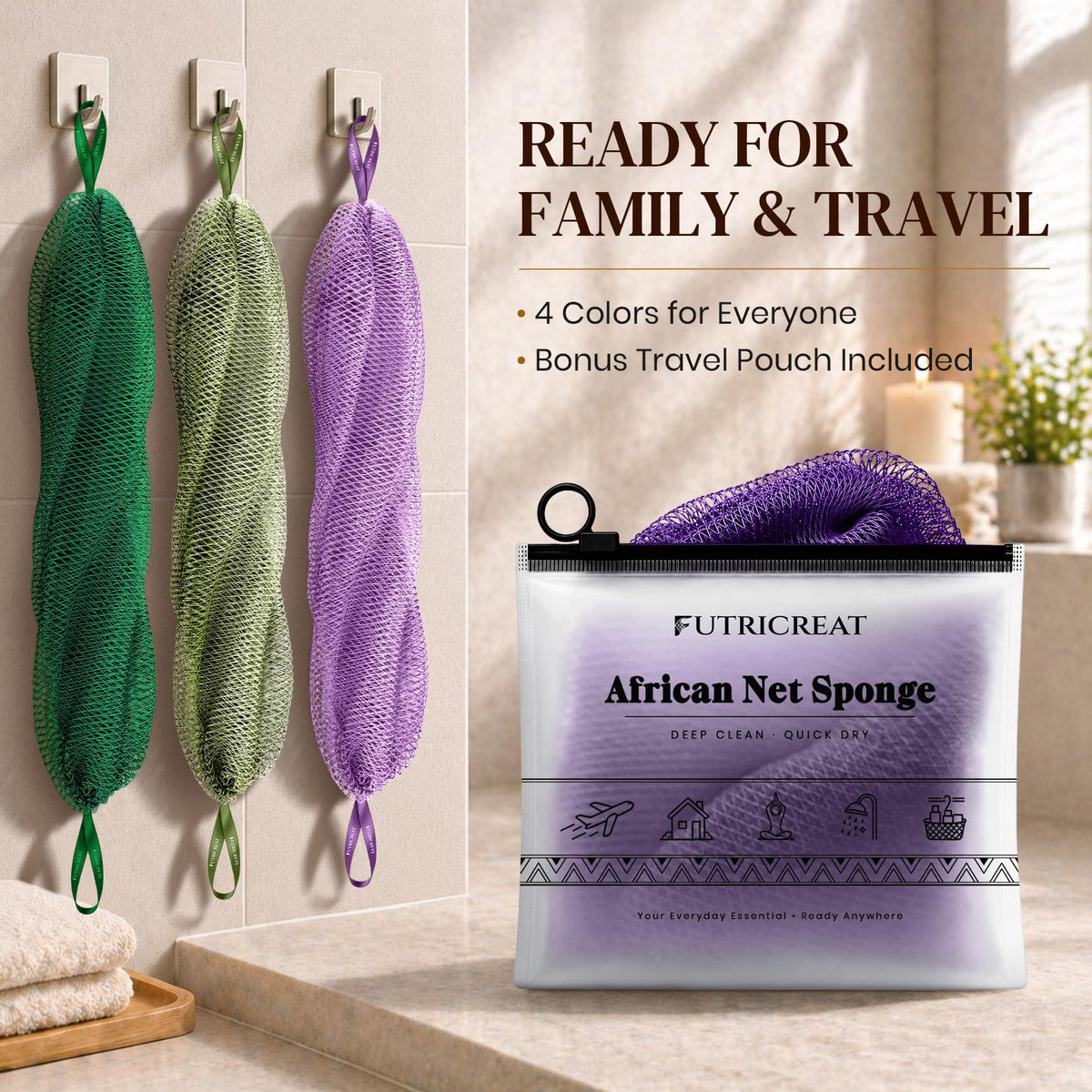 FUTRICREAT African Net Sponge in use during a shower