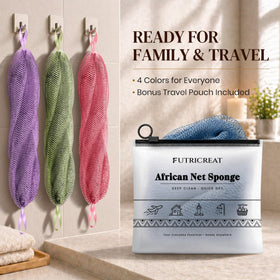 FUTRICREAT African Net Sponge showing rich lather with body wash