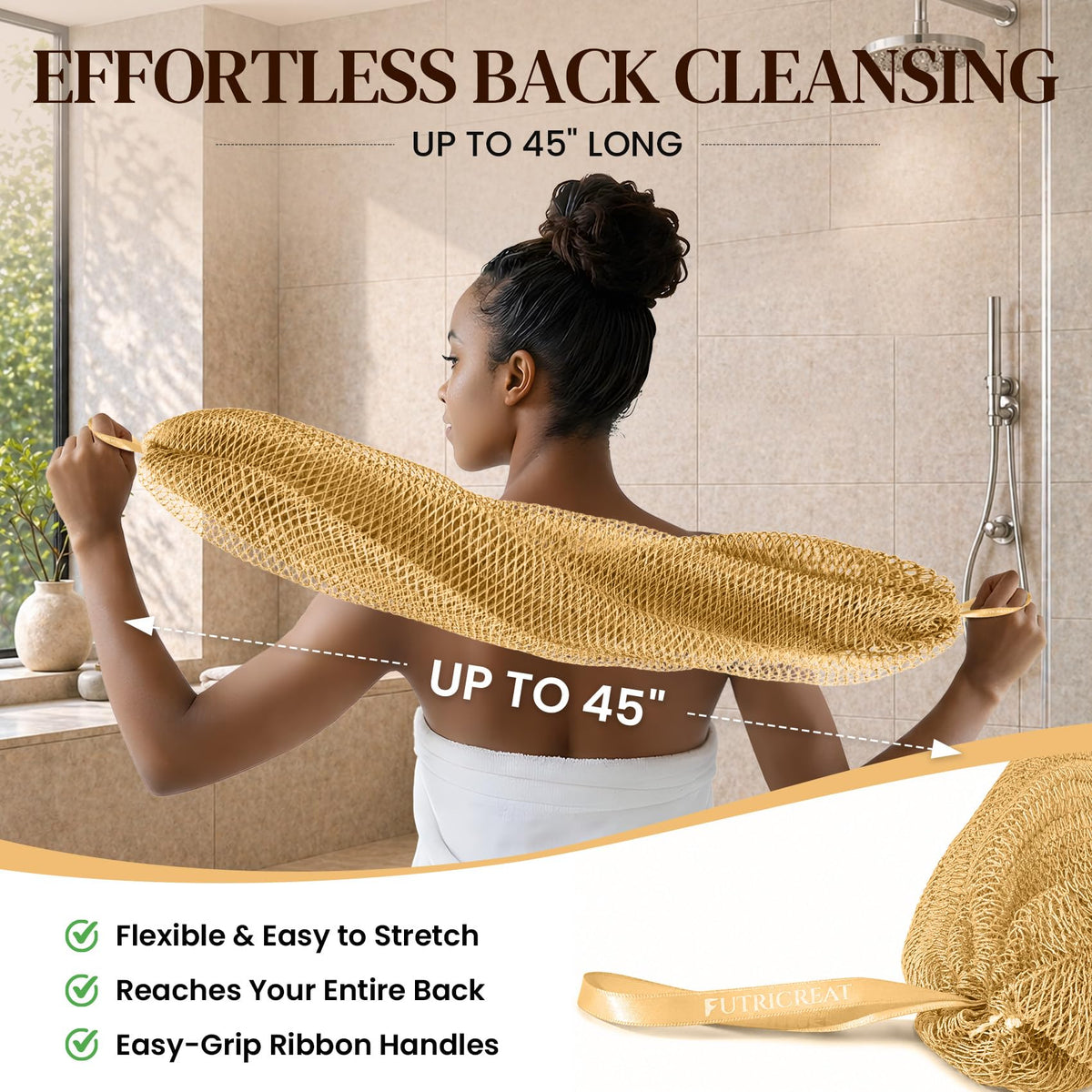 FUTRICREAT African Net Sponge stretched out for back cleaning