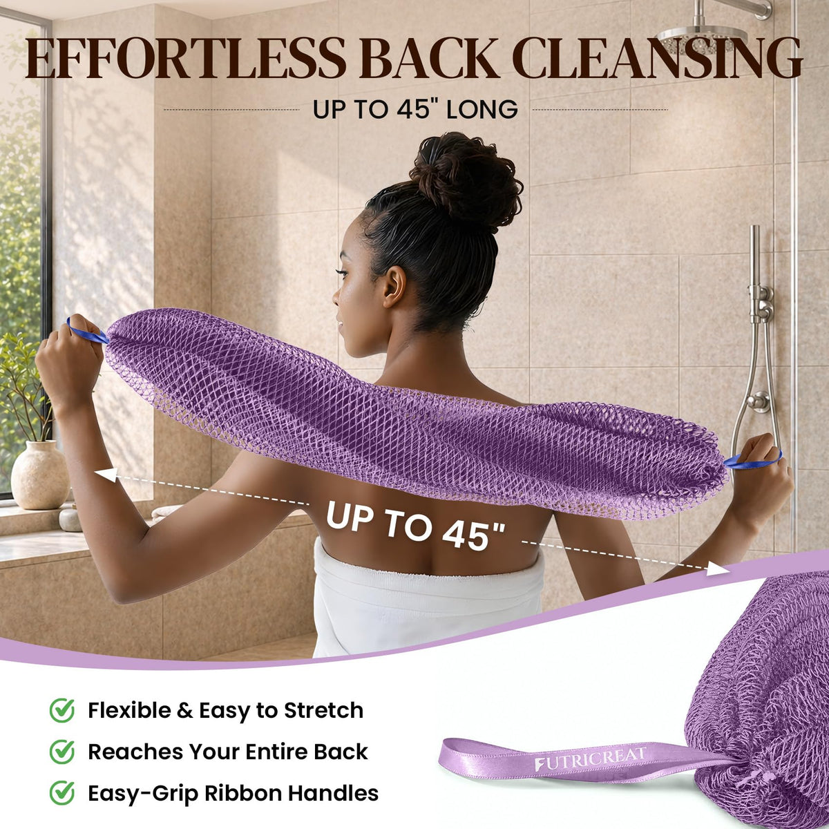 FUTRICREAT African Net Sponge stretched out for back cleaning