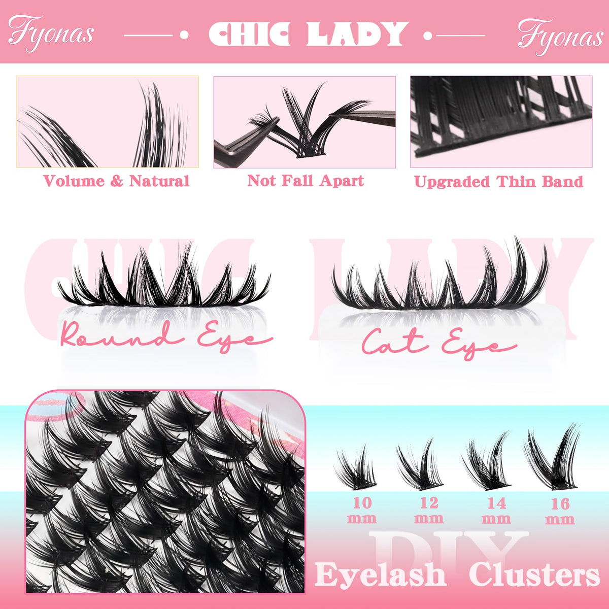 Fyonas Wispy Cluster Eyelash Extensions close-up of 14mm lashes